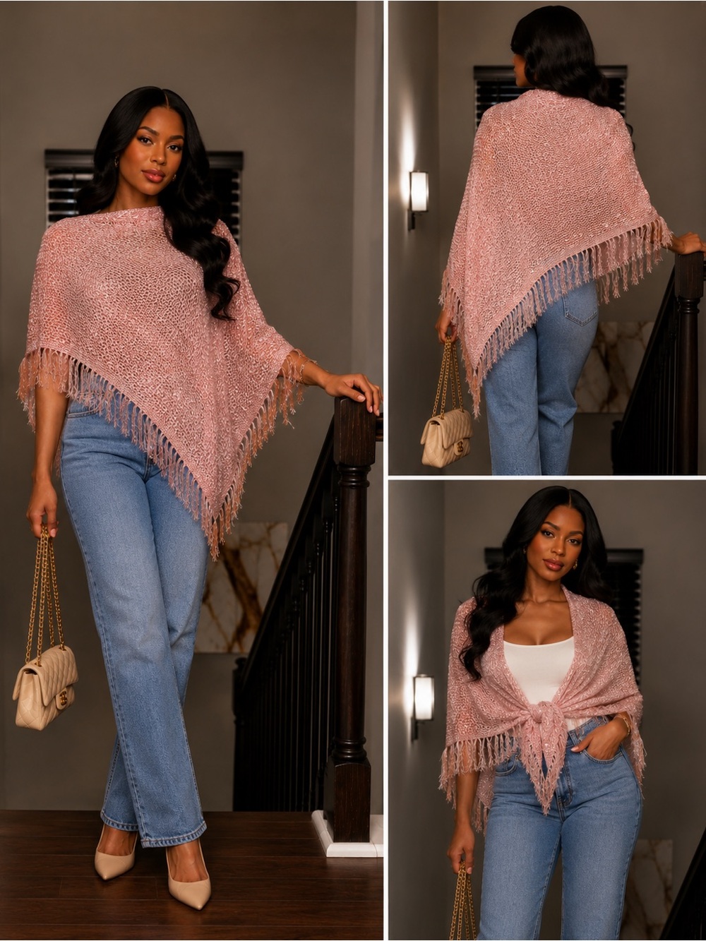 Haute Monde Pink Fringed Knit Poncho